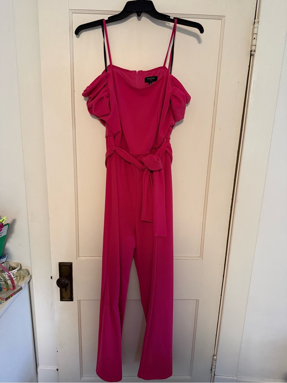Tahari Pink Off-Shoulder Jumpsuit with Tie Waist